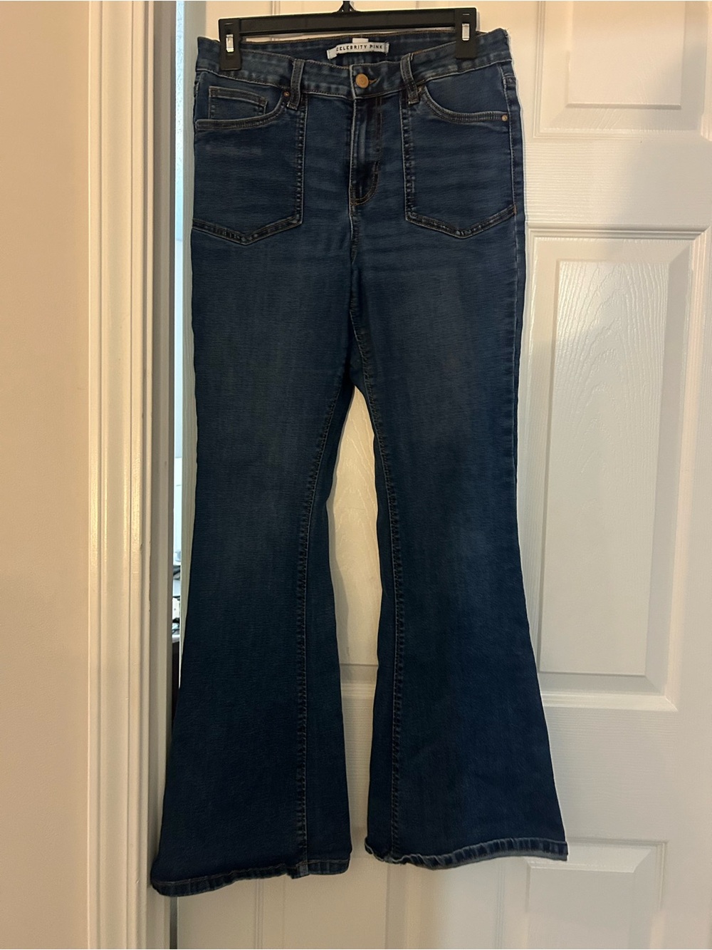 Celebrity Pink Braided Waist Patch Pocket Flare Jeans Dark Wash 11/30